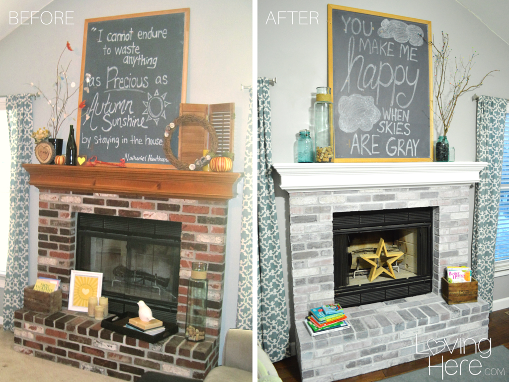 should I whitewash my brick fireplace comparison photo before and after