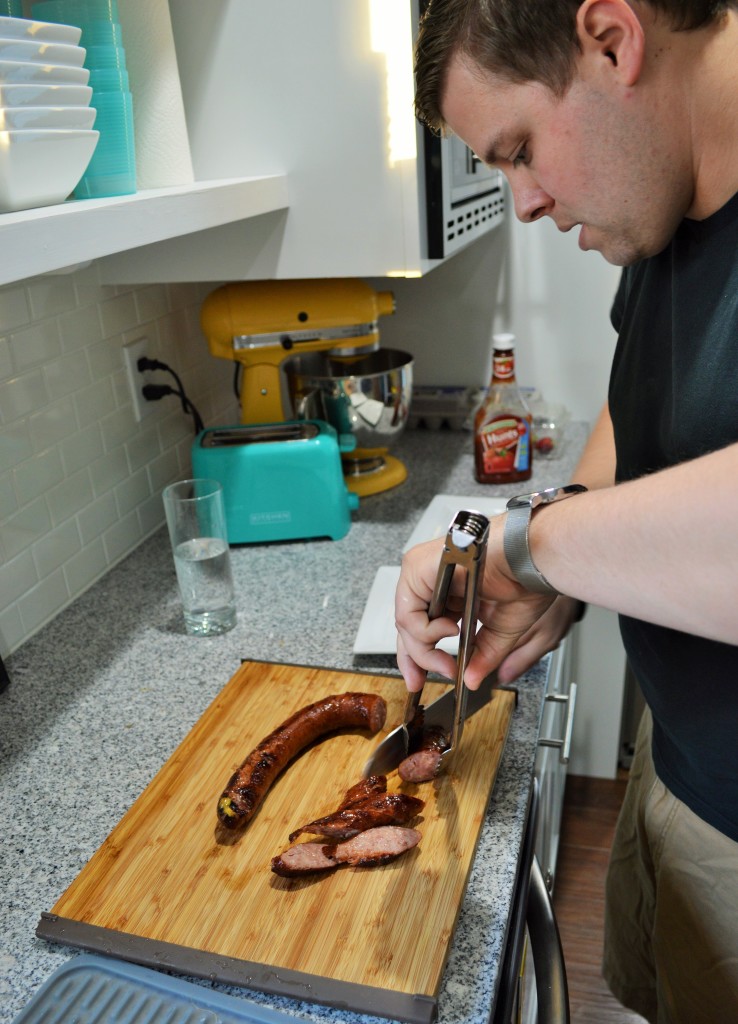 Cutting Sausage for Hillshire Farm Sausage Recipe