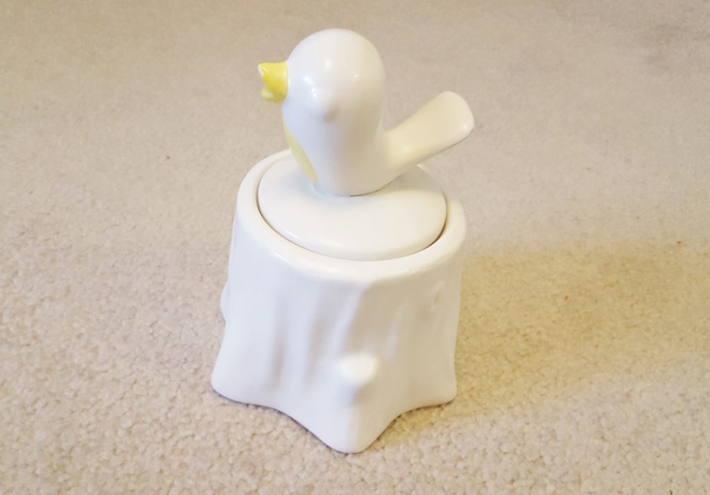 DIY Gold Accented Candy Dish with Bird on Top Before