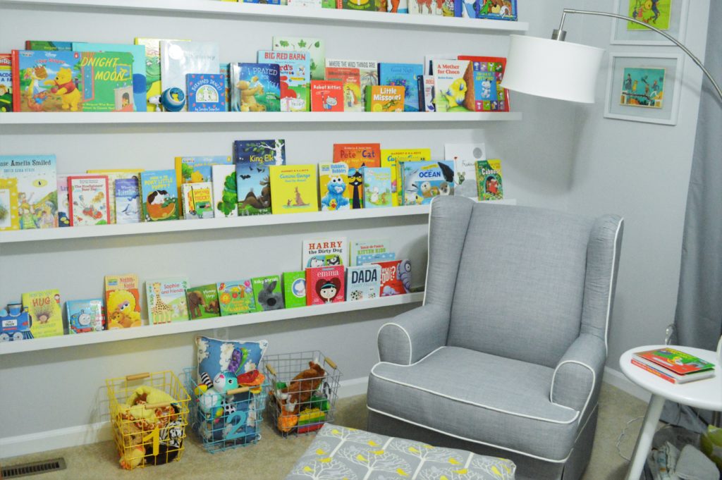Toy storage and book storage in nursery with DIY book ledges 2